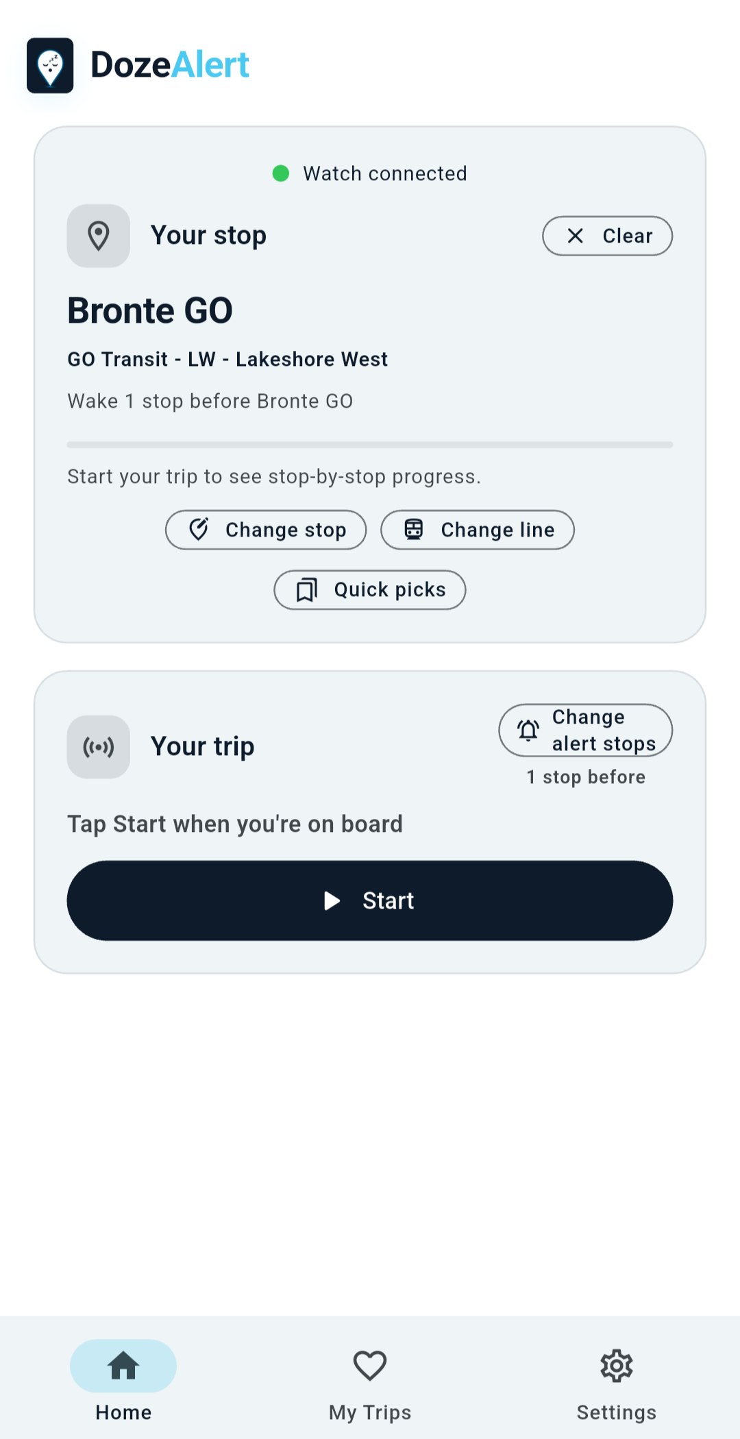 Home with Bronte GO selected and Start trip button.