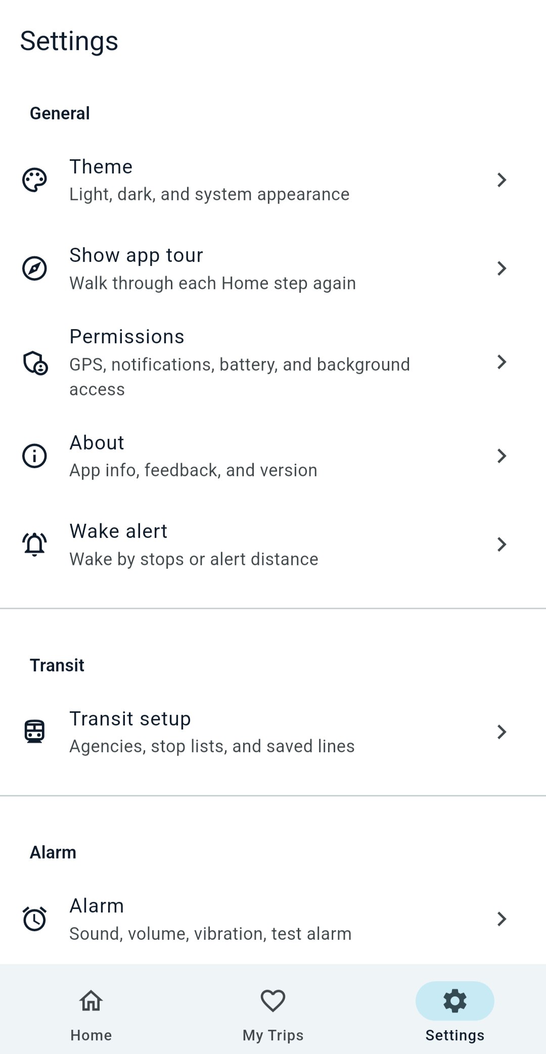 Settings hub with permissions, transit, wake alert, and alarm sections.