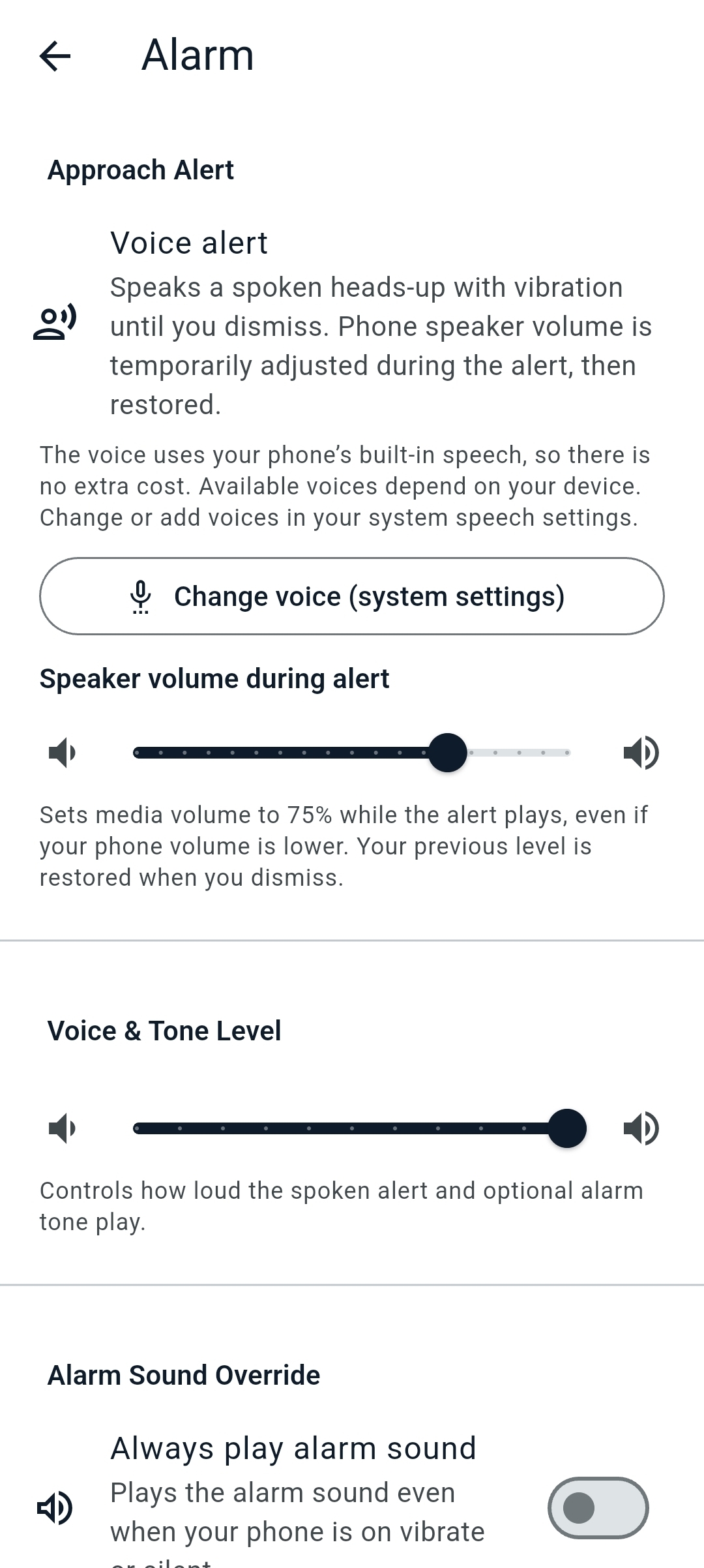 Alarm settings with voice approach alert and speaker volume controls.