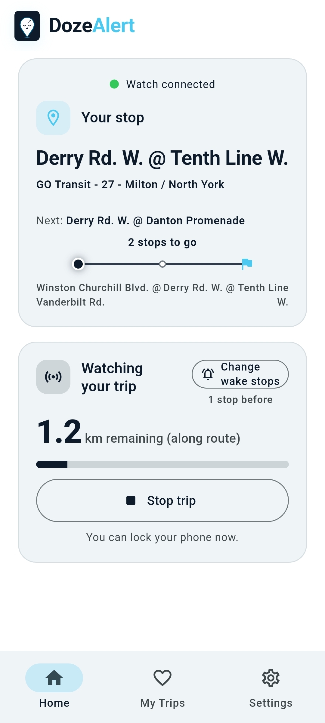 Home screen monitoring a trip with stop-by-stop progress on a transit route.